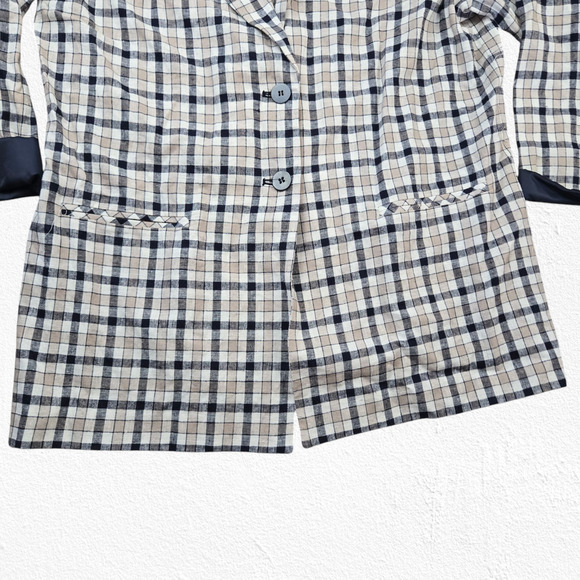 Y2K Vintage Cream Navy Plaid Linen Blend Satin Contrast Blazer Jacket Size 18 - Picture 7 of 11